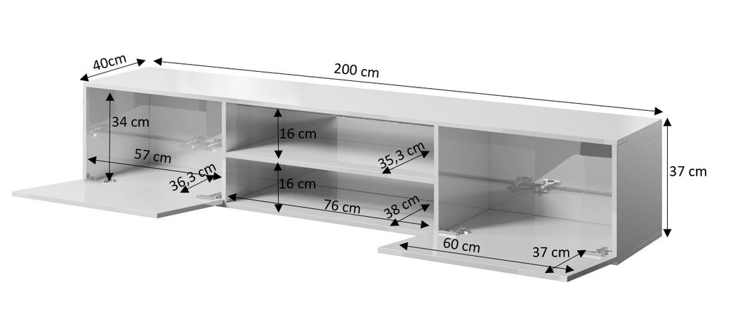 RTV Cabinet SLIDE 200K 200x40x37 cm All Glossy White - 2 Doors, 1 Shelf