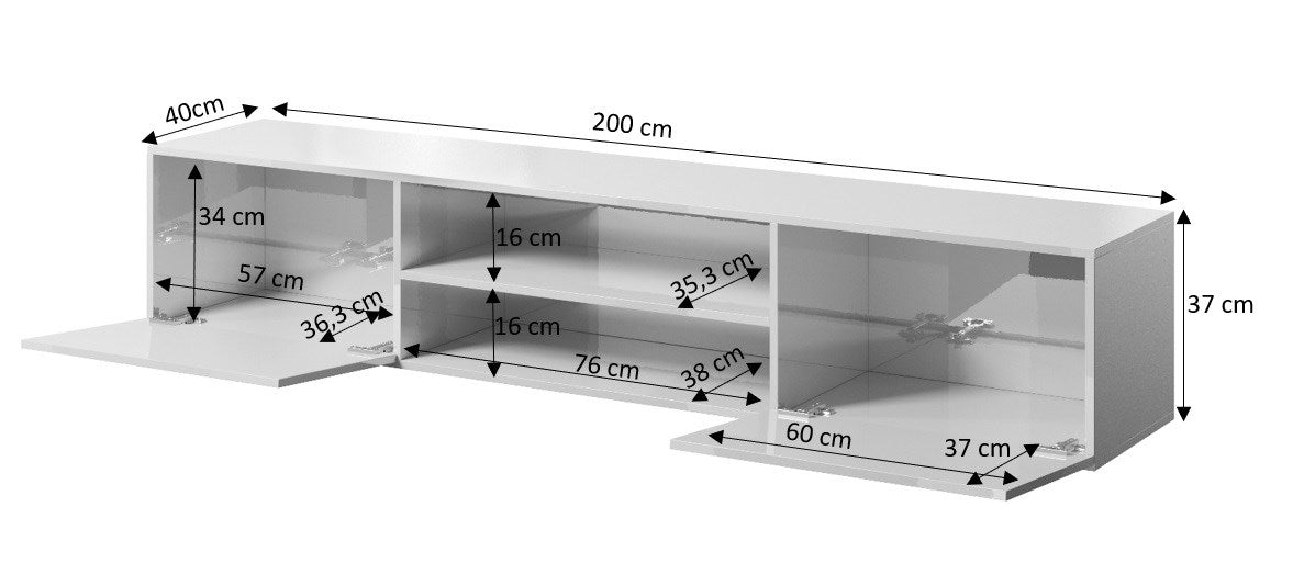 RTV Cabinet SLIDE 200K 200x40x37 cm All Glossy White - 2 Doors, 1 Shelf