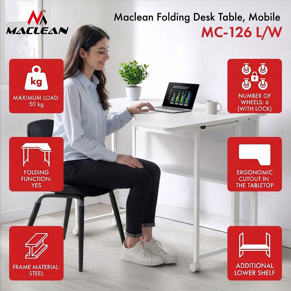 Maclean Folding Desk/Table MC-126 L/W, 100x73 cm, Max Load 50 kg, Lockable Wheels, White