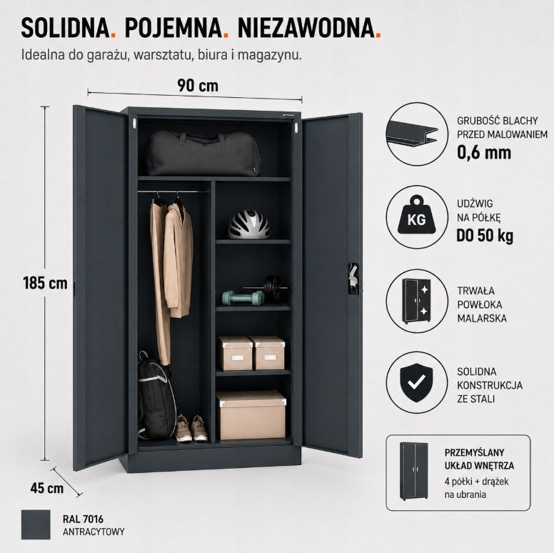 Iron Mate Wardrobe Saturn_7016 - Metal, 1850 mm Height, 900 mm Width, 450 mm Depth, Anthracite