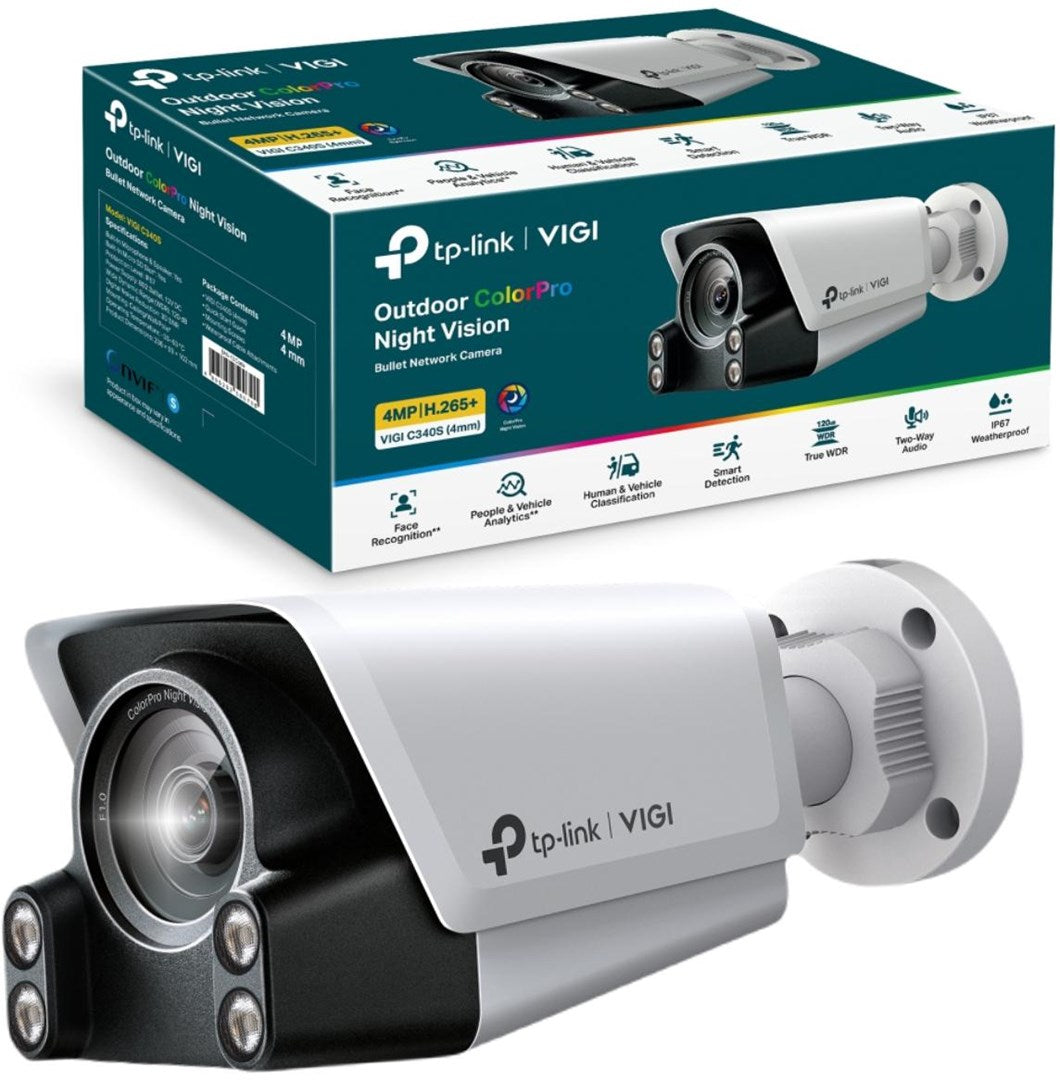 TP-Link VIGI C340S V1 - Netzwerk-Überwachungskamera - Bullet - Farbe (Tag&Nacht) - 4 MP - 2688 x 1520 - M16-Anschluss - feste Brennweite - Audio - LAN 10/100 - H.265+, H.265, H.264+, H.264 - Gleichstrom 12 V / PoE (VIGI C340S(4mm))