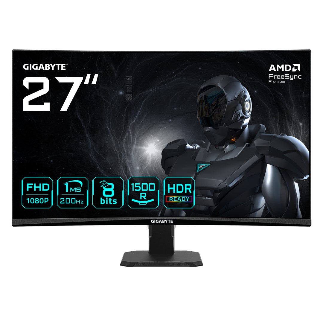 GIGABYTE GS27FCA 27  FHD Curved Gaming Monitor - 1920 x 1080  200Hz  1  250 cd/m2  FreeSync Premium  HDR Ready  HDMI 2.0  Displayport 1.4