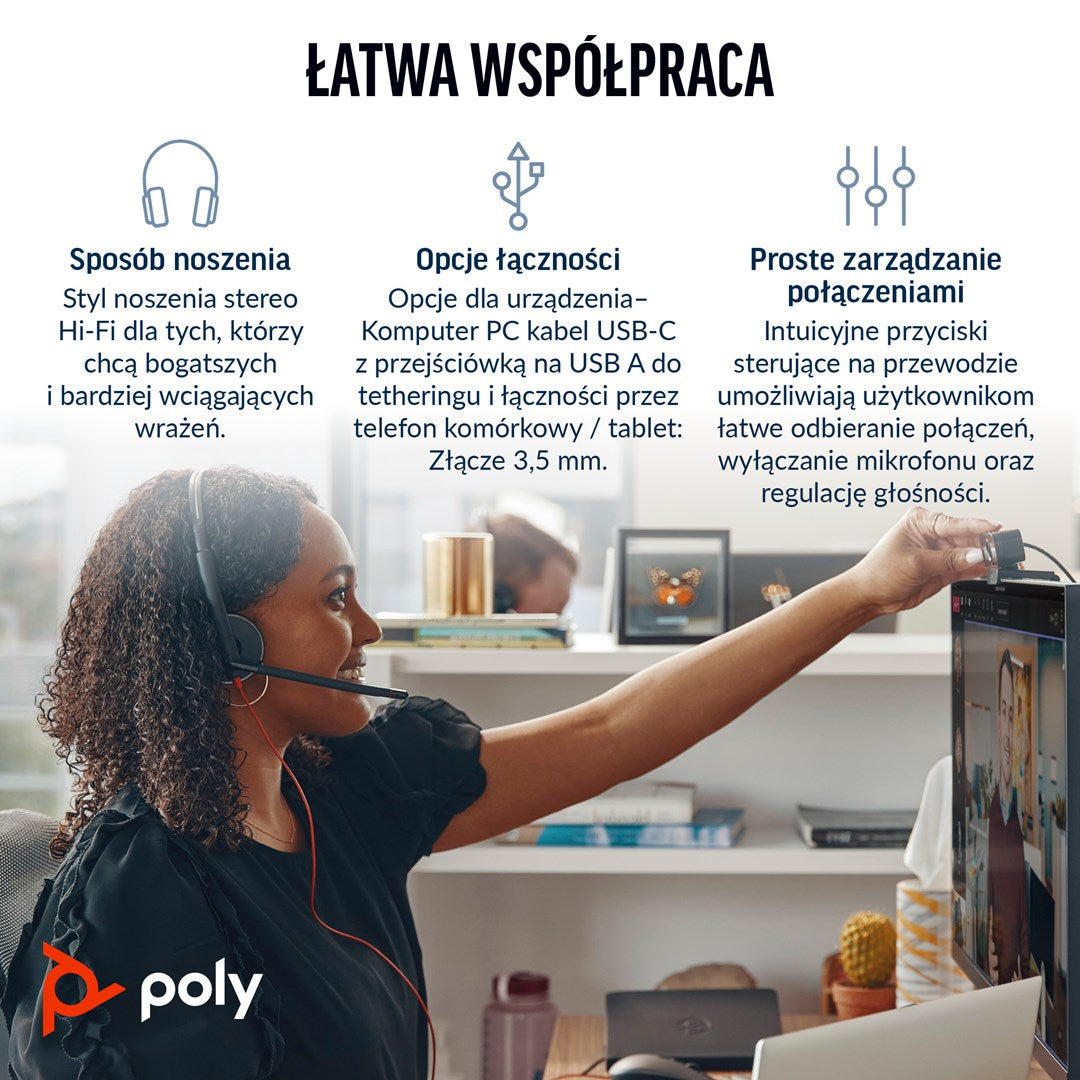 POLY Blackwire 3225 Stereo USB-C Headset +3.5 mm Plug +USB-C/A Adapter