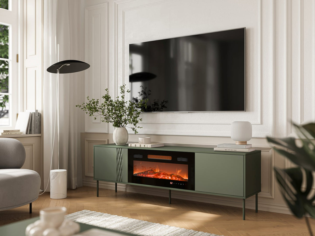 Cama MEBLE TV Cabinet with Electric Fireplace, 1800 mm Width, Matte Green, Model TRESSE 400083+K