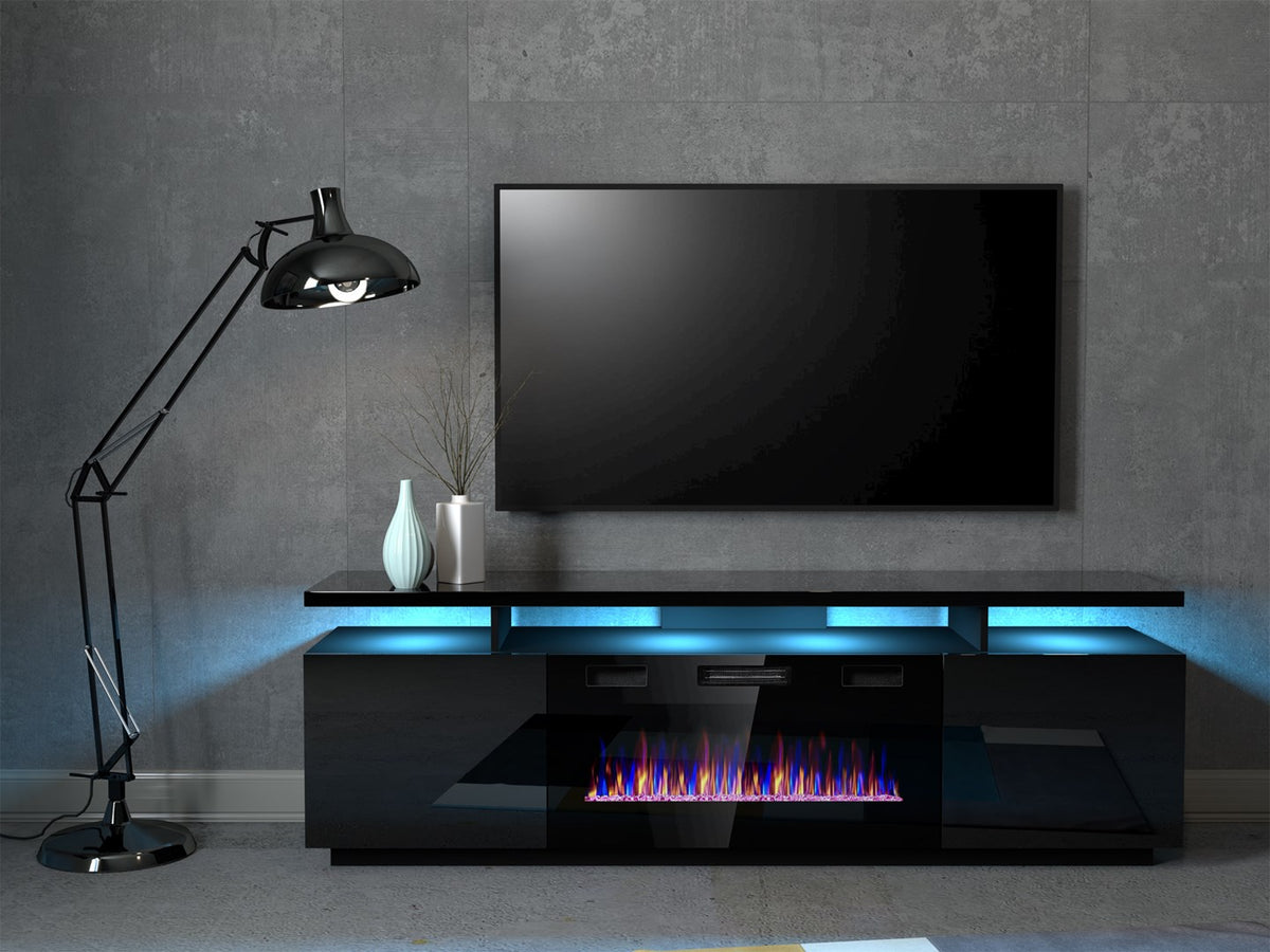 Cama MEBLE RTV EVA Cabinet with Electric Fireplace 180x40x52 cm Black/Gloss Black