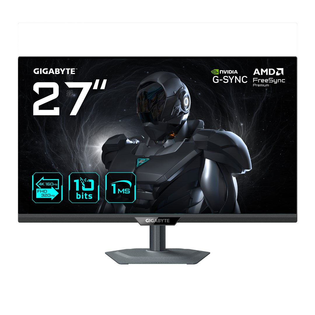 GIGABYTE G27UP 27” 4K UHD Gaming Monitor - Dual Mode (4K 160Hz or FHD 320Hz)  3840 x 2160  1ms  400 cd/m2  FreeSync Premium  HDR10  HDMI 2.1  Displayport 1.4