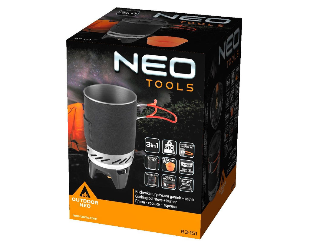 NEO TOOLS Camping Stove Pot + Burner 3-in-1 with Piezo Ignition, 2.2 kW, 510 g