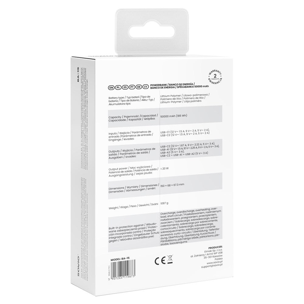 Savio BA-15 power bank Lithium Polymer (LiPo) 50000 mAh White