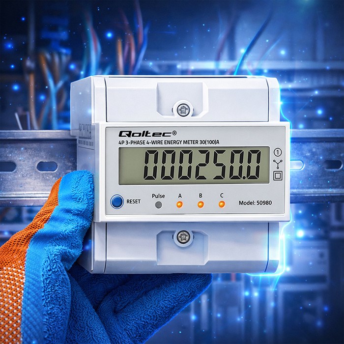 Qoltec Three-phase Electronic Meter 400V 100A DIN Rail Energy Consumption Meter Model 50980