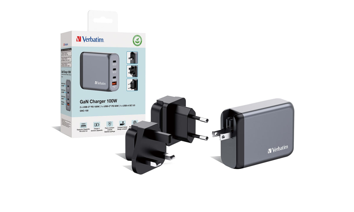 Verbatim GNC-100 GaN Charger 4 Port 100W USB A/C (EU/UK/US)