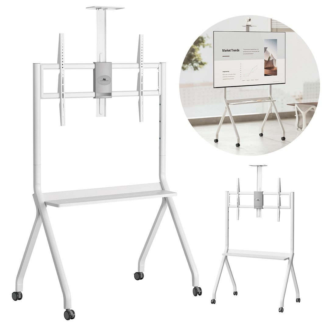 Maclean TV Stand/Cart Camera Shelf on Casters 55-100 Max Load 120 kg/10 kg Shelf Max. VESA 900x600 White MC-114 W 120kg/10kg