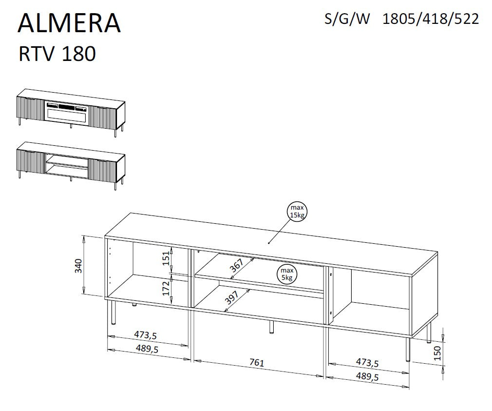 Cama MEBLE TV Cabinet ALMERA 1805 mm with Electric Fireplace, Walnut/Cashmere, Self-Assembly