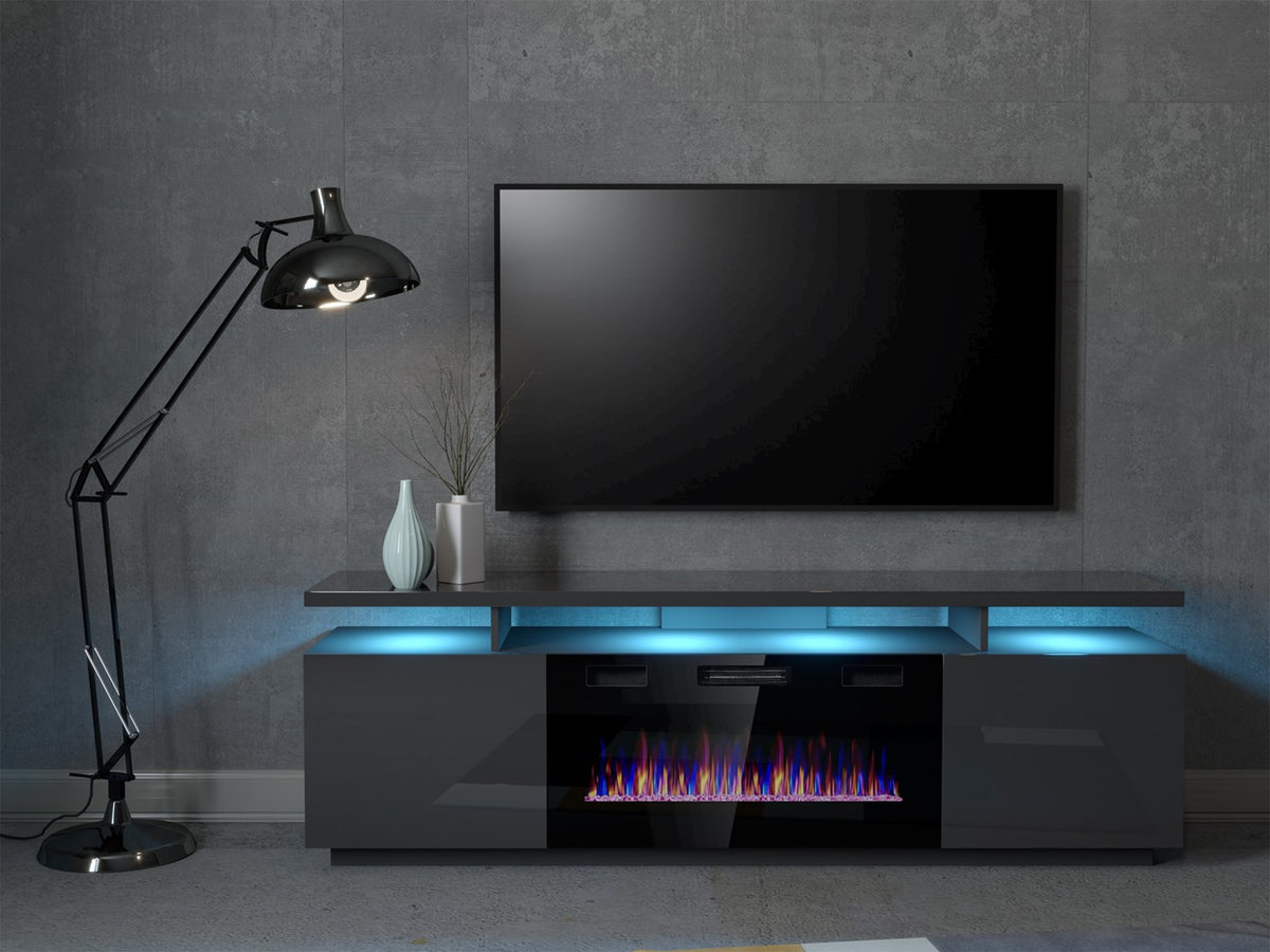 Cama MEBLE TV Cabinet EVA 1800 mm with Electric Fireplace, Graphite, Self-Assembly