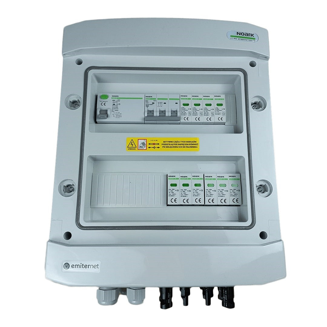 Switchgear attached DCAC hermetic IP65 EMITTER with Noark 1000V type 2 DC surge arrester  2 x PV string  2 x MPPT // og. AC Noark Type 2  10A 3-F  RCD Type A 40A/300mA