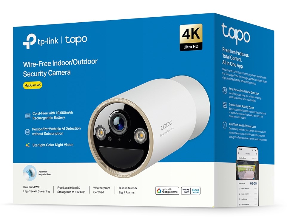 TP-Link Tapo Wire-Free Indoor/Outdoor Security Camera SPEC:4K UHD (3840x2160)  H.265/H.264 Supported  16x UHD Digital Zoom  2.4/5 GHz Dual Band Wi-Fi  10000mAh Rechargeable Lithium-ion Battery