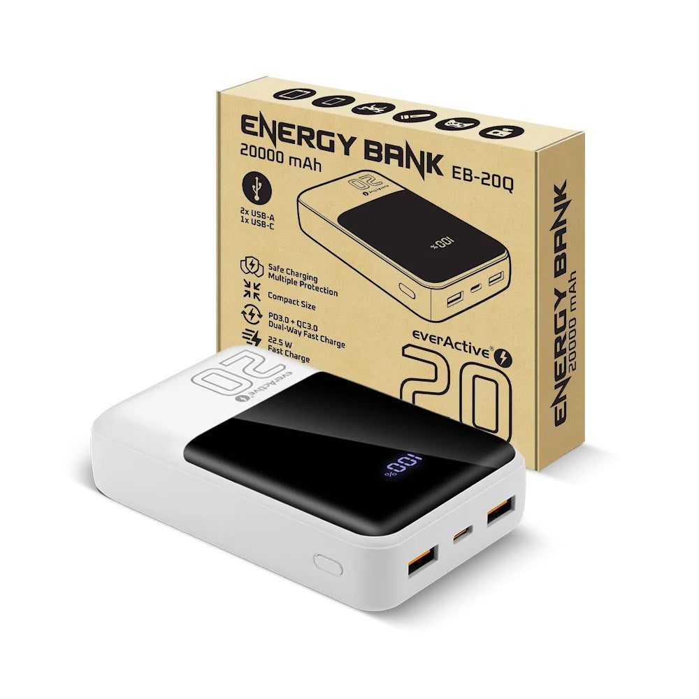 Powerbank 20 000mAh  2x USB  1x USB-C 22 5W  QC4+  LCD screen  white