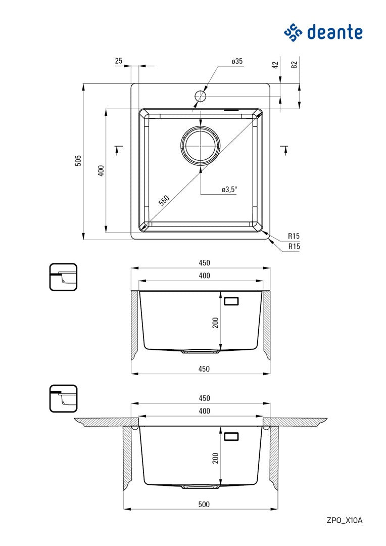 Deante Steel Sink 1-Bowl 45 x 50.5 cm
