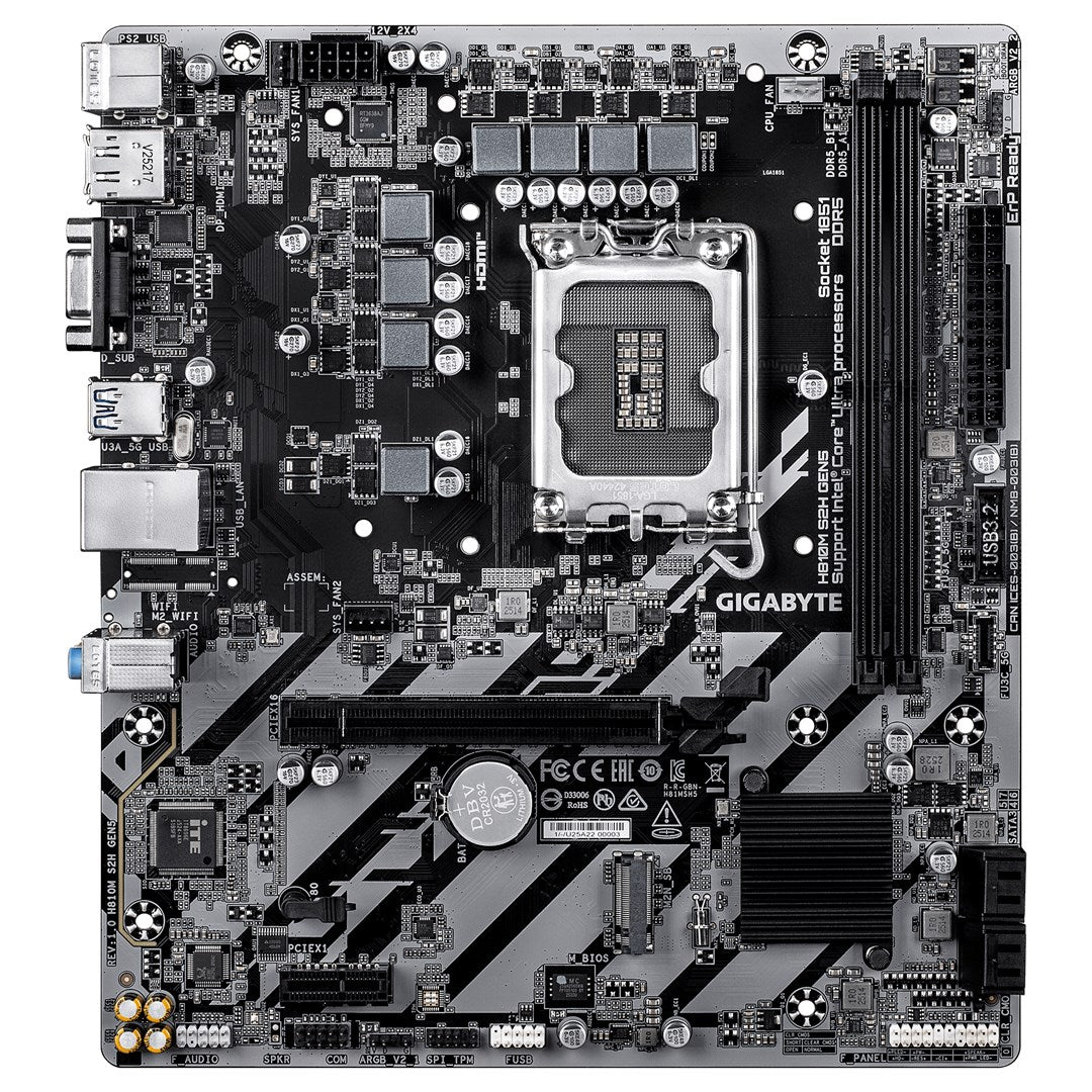 GIGABYTE H810M S2H GEN5 Motherboard - Intel Core Ultra (Series 2) CPUs  4+1+2 Phases VRM  up to 6400MHz DDR5  1xPCIe 4.0 M.2  1GbE LAN  USB 3.2 Gen 1