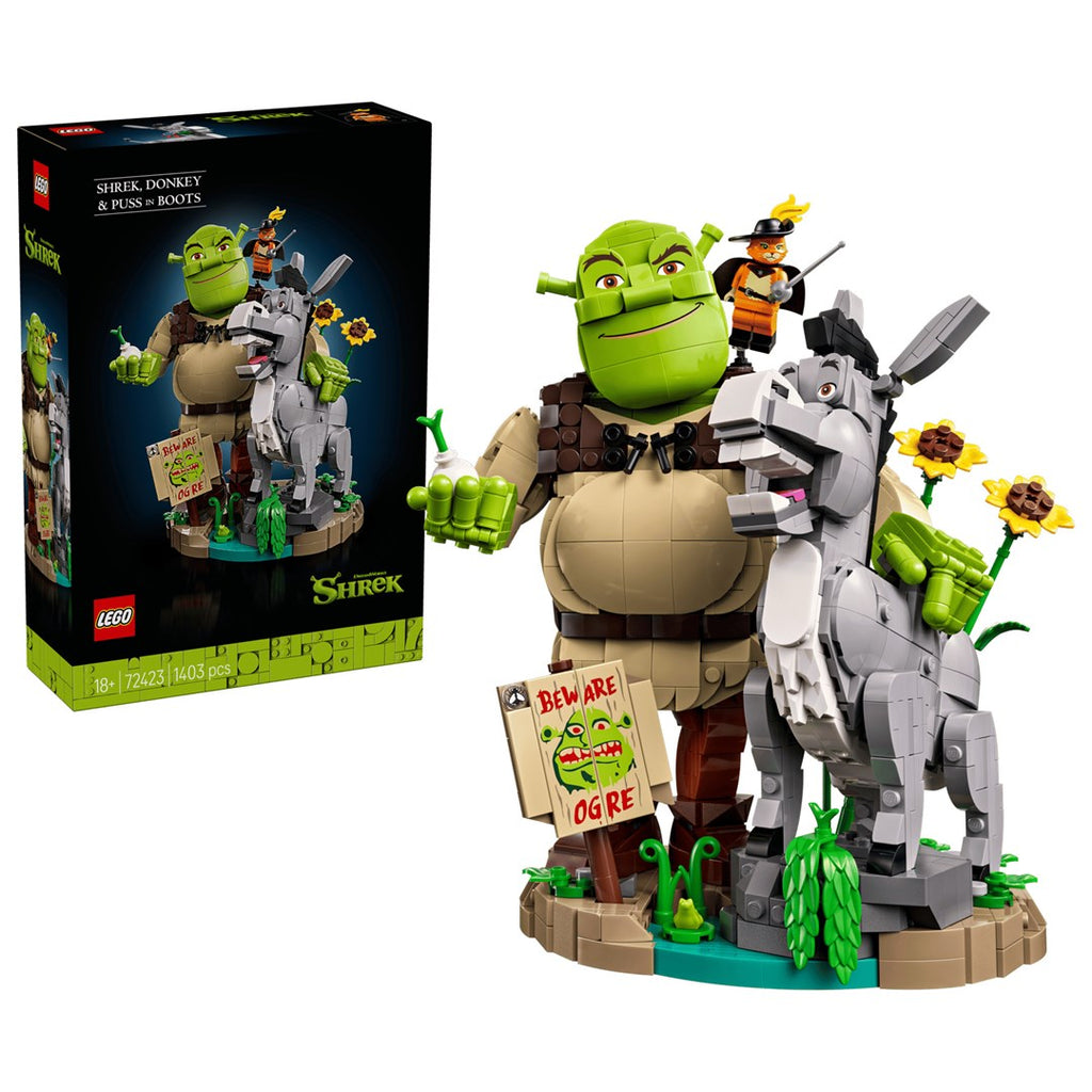 LEGO ICONS Shrek, Donkey and Puss in Boots Set, 1403 Pieces, Ages 18+, Model 72423
