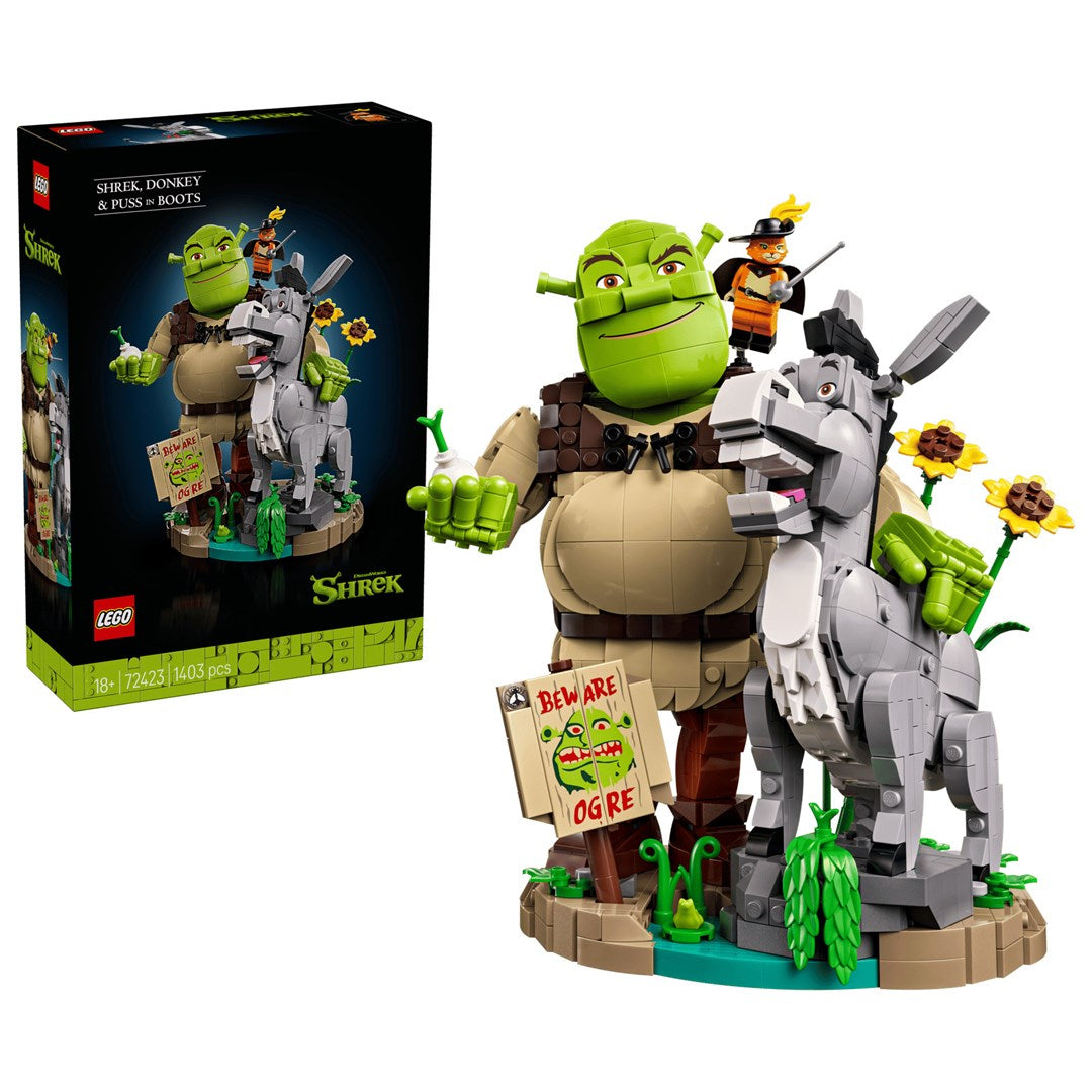 LEGO ICONS Shrek, Donkey and Puss in Boots Set, 1403 Pieces, Ages 18+, Model 72423