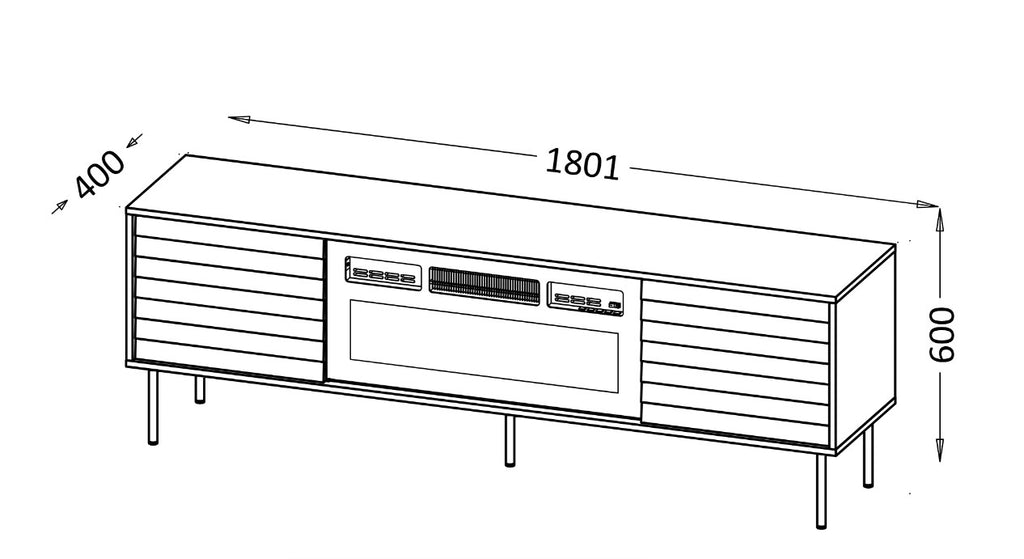Cama MEBLE TV Cabinet CORTINA 1800 mm with Electric Fireplace, Black, Self-Assembly