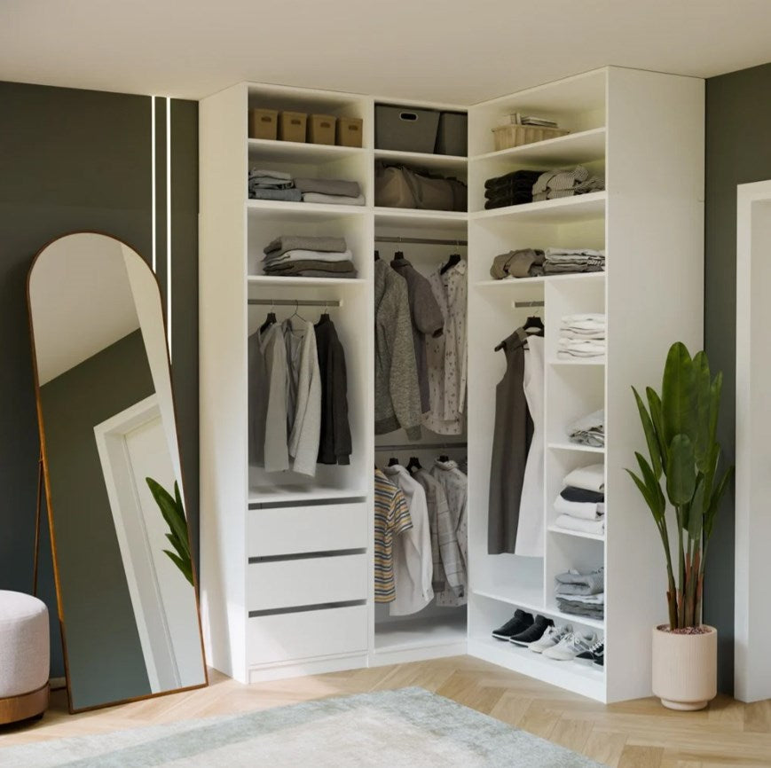 OPENO 1W1P3S WHITE Wardrobe – Modular Wardrobe with Clothes Rail and 3 Drawers