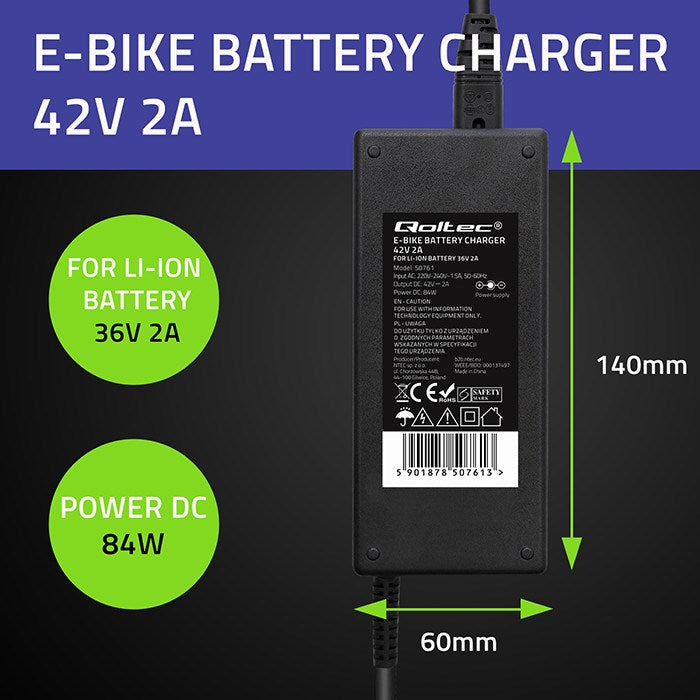 Qoltec Charger for E-Bike Batteries 36V 42V 2A 5.5x2.5