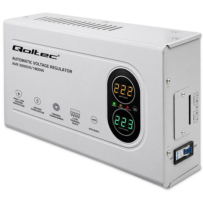 Qoltec Voltage Stabilizer 3 kVA 50450 - Automatic Regulation, 7930 g, 460x260x108 mm