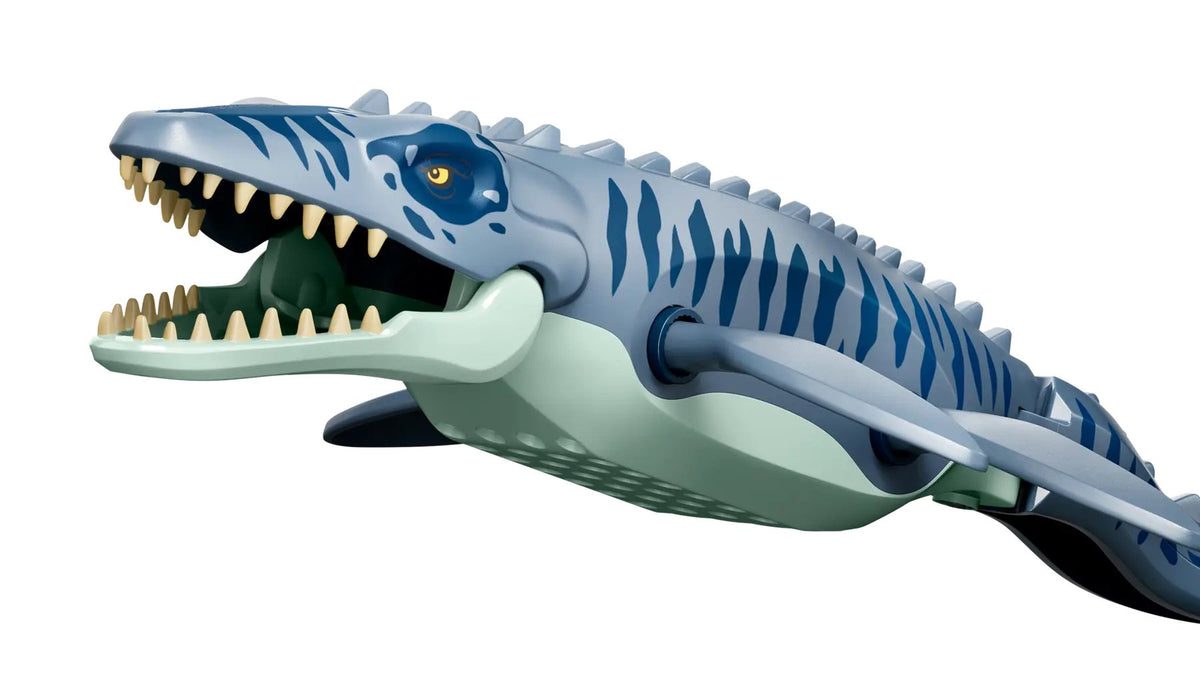 LEGO JURASSIC WORLD Mosasaurus Dinosaur Boat Attack Set, 703 Elements, 3 Minifigures, Model 77983