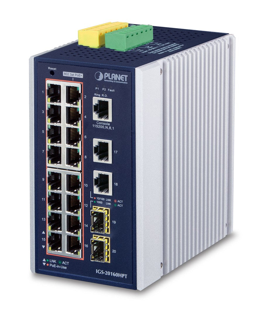 PLANET IGS-20160HPT Switch L3 Managed 16x 10/100/1000 PoE+ 2x 10/100/1000 2x SFP DIN Rail Mountable (320W)