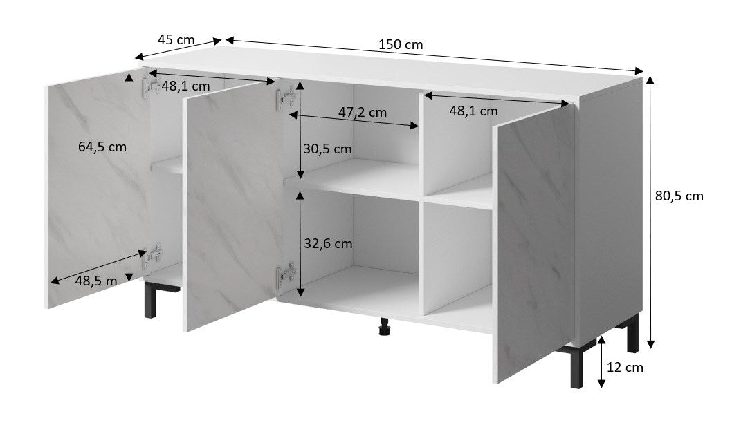 MARMO 3D chest of drawers 150x45x80.5 cm white matt/marble white