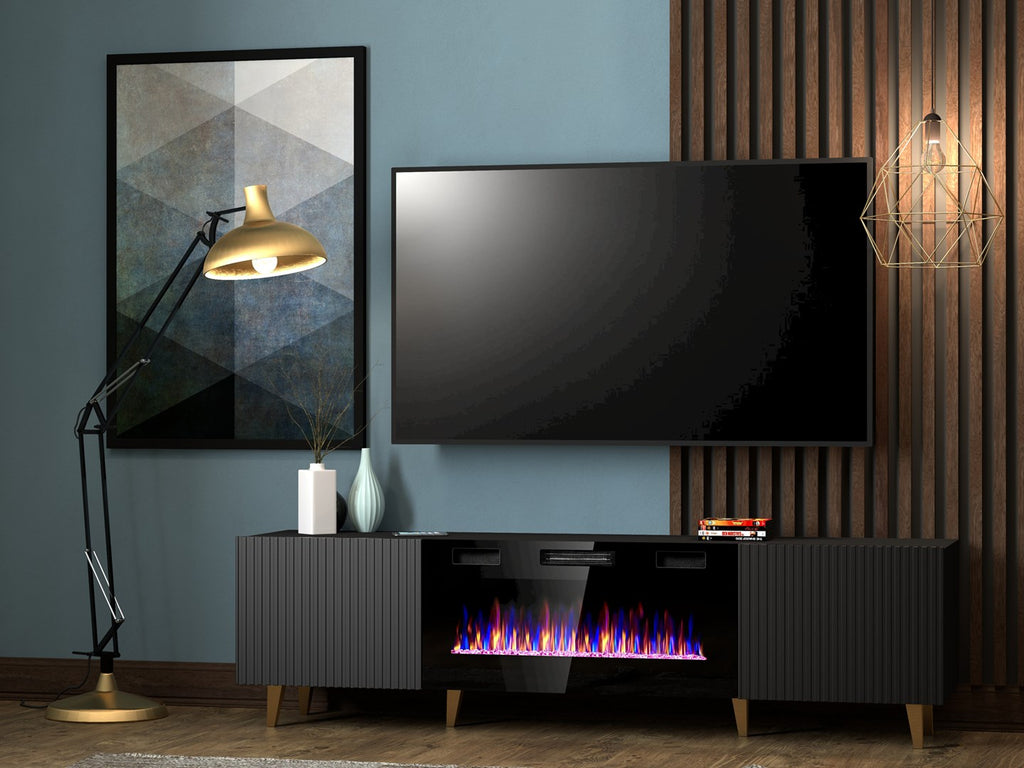 Cama MEBLE TV Cabinet PAFOS EF RTV with Electric Fireplace, Black Matte, 1800x420x2070 mm