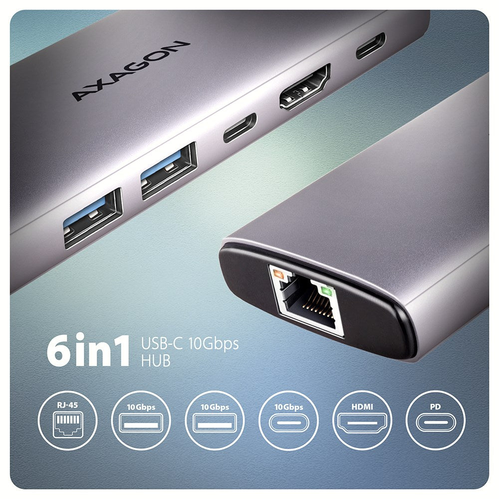 Axagon HMC-6G2L laptop dock/port replicator Wired USB 3.2 Gen 2 (3.1 Gen 2) Type-C Aluminium