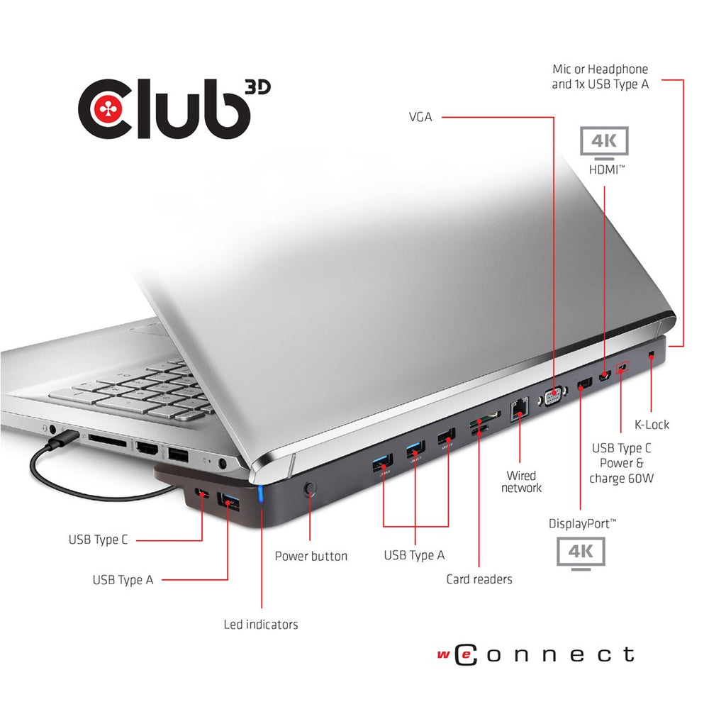 Club3D Docking Station - USB-C 3.2 Gen 1 - VGA, HDMI, DP - 100 Watt (CSV-1564W100)