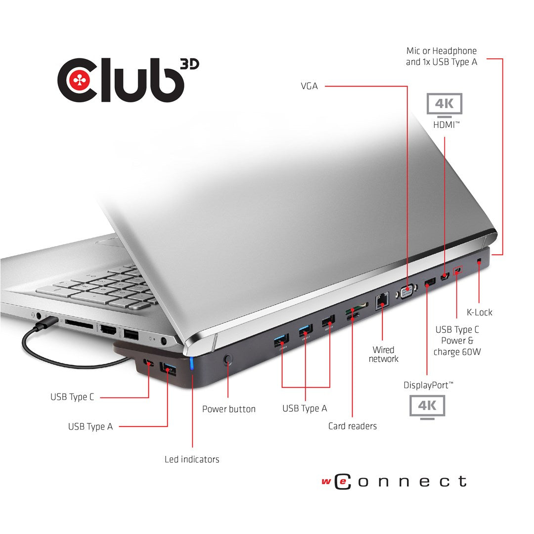 Club3D Docking Station - USB-C 3.2 Gen 1 - VGA, HDMI, DP - 100 Watt (CSV-1564W100)