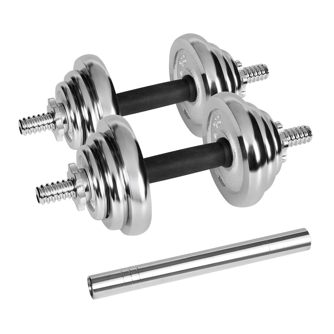 REBEL ACTIVE Chrome Adjustable Dumbbells Set 20 kg with Barbell in Case