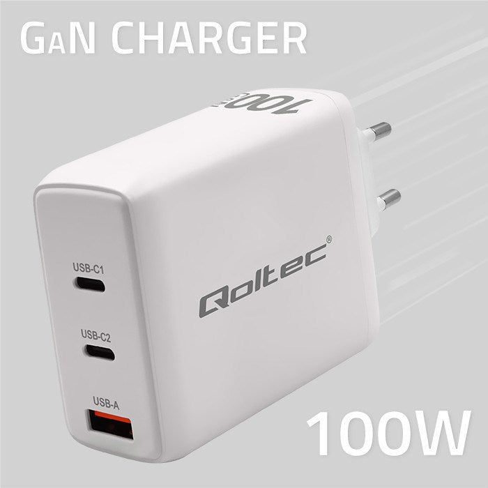 Qoltec 100W GaN Wall Charger, 220-240V Input, Model 51826