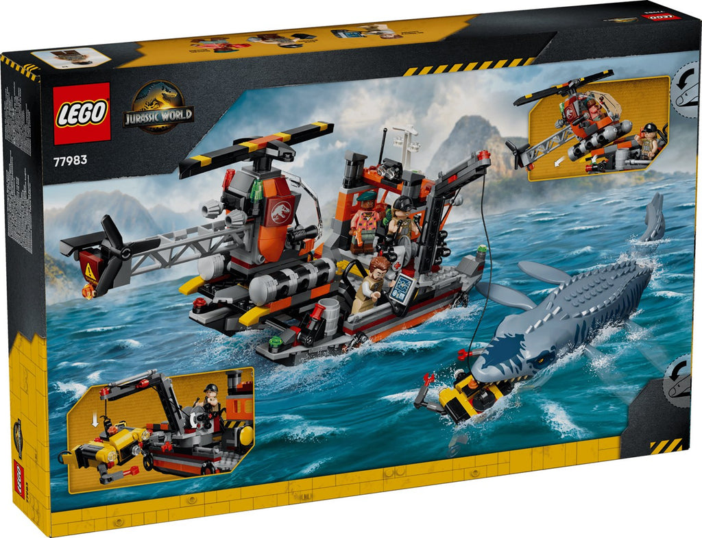 LEGO JURASSIC WORLD Mosasaurus Dinosaur Boat Attack Set, 703 Elements, 3 Minifigures, Model 77983