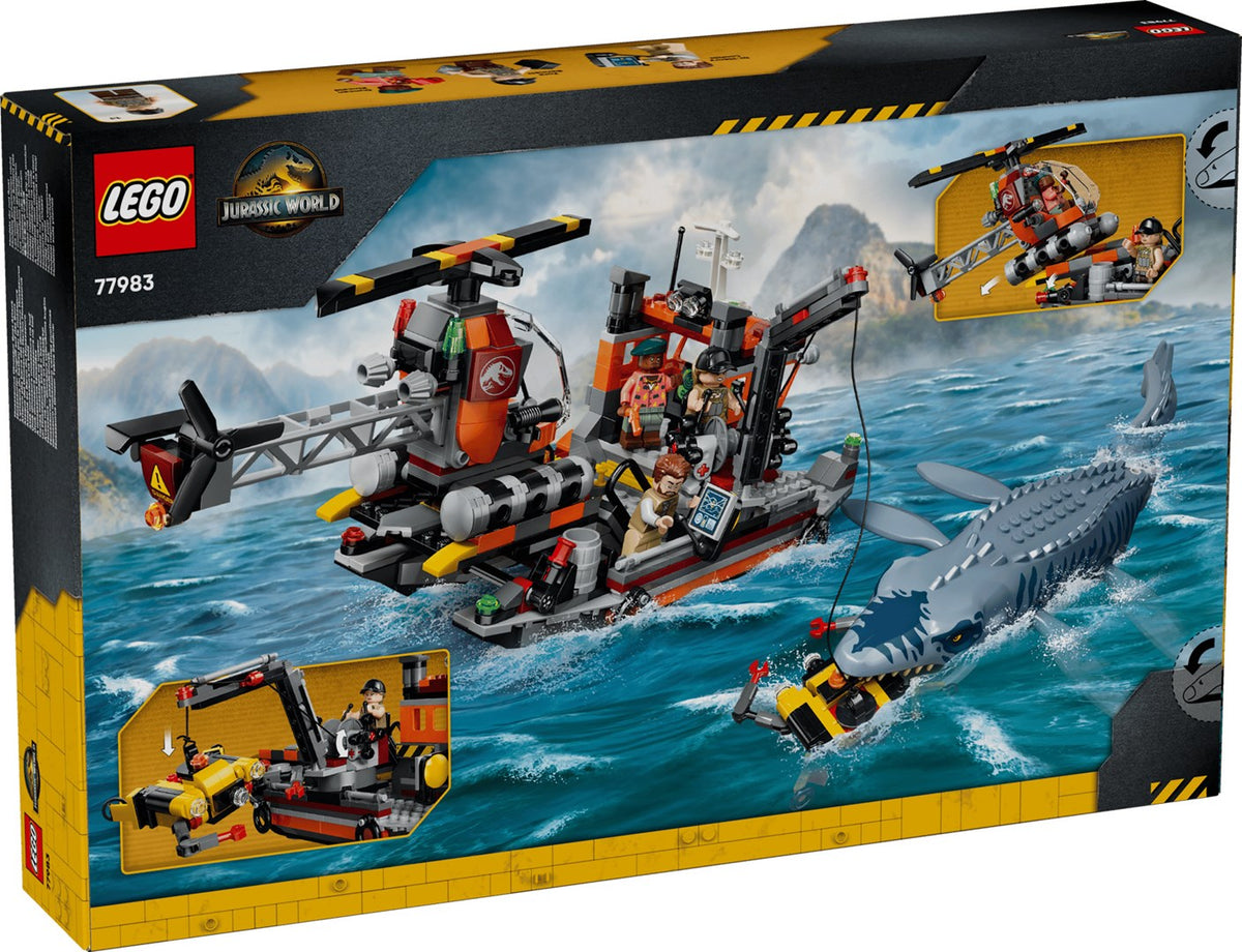 LEGO JURASSIC WORLD Mosasaurus Dinosaur Boat Attack Set, 703 Elements, 3 Minifigures, Model 77983