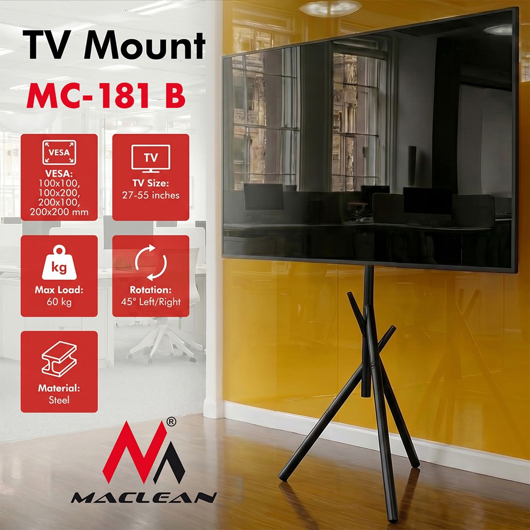 Maclean TV Floor Stand MC-181 B - For 27-55" Screens, Max 60 kg, 45° Rotation