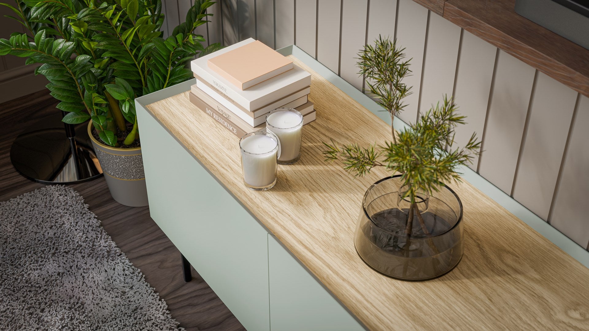 Cama FELLINI TV Cabinet 200x40x52 Olive + Oiled Oak Top