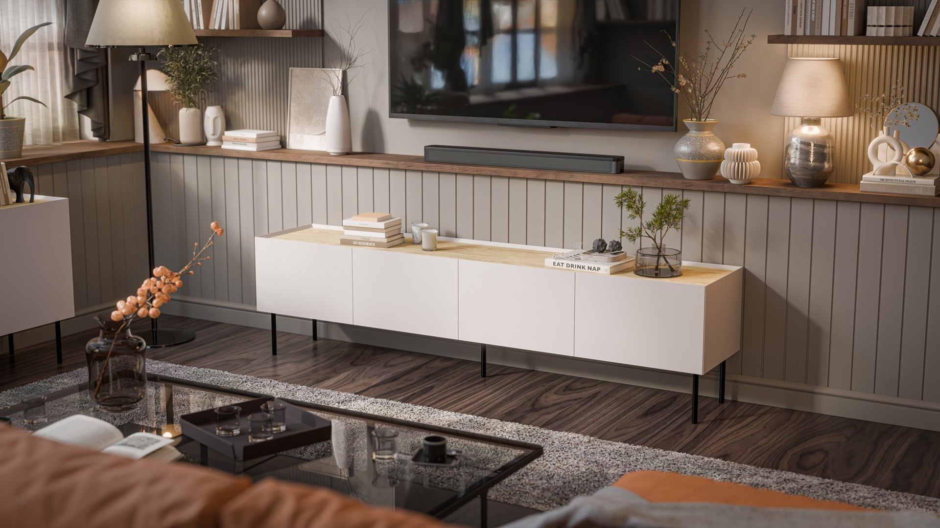 Cama FELLINI TV Cabinet 200x40x52 Cashmere + Oiled Oak Top