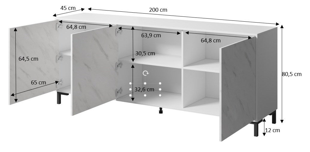 MARMO 3D chest of drawers 200x45x80 5 cm white matt/marble white