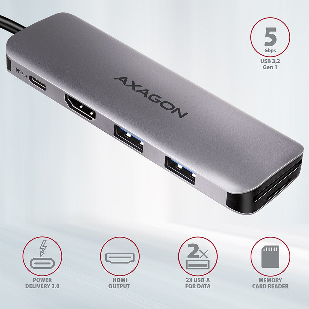 AXAGON HMC-5 USB 3.2 Gen 1 Hub 2x USB-A, HDMI, SD/microSD, PD 100W 20 cm USB-C Cable