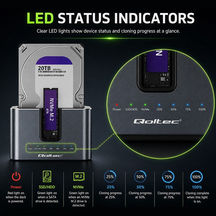 Qoltec 52631 HDD SSD doscking station | SATA | M.2 NVMe | cloning | USB-C | 10Gb/s | 28TB