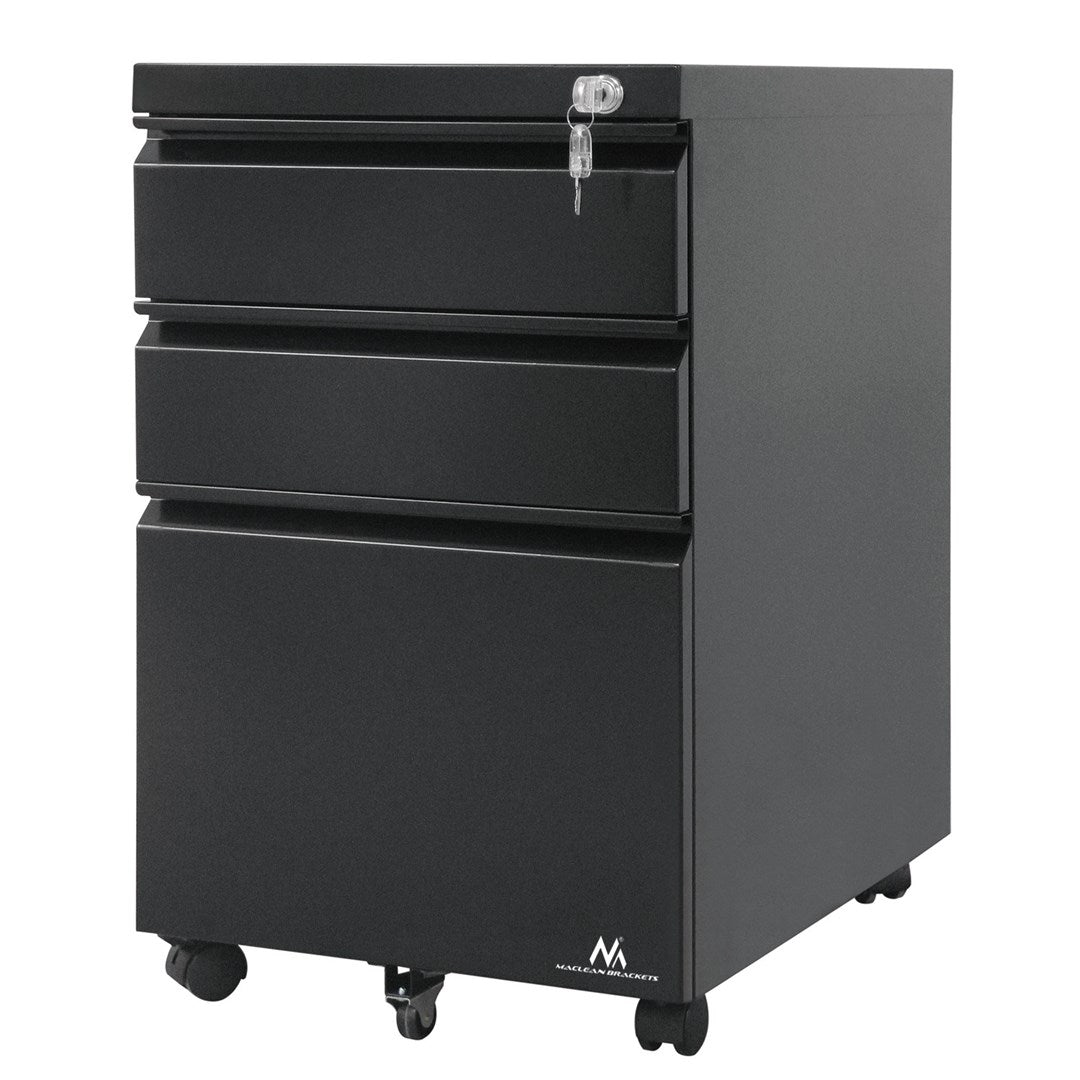 Maclean Under-desk Cabinet Metal Container with Lock, 3 Drawers, Black, MC-850
