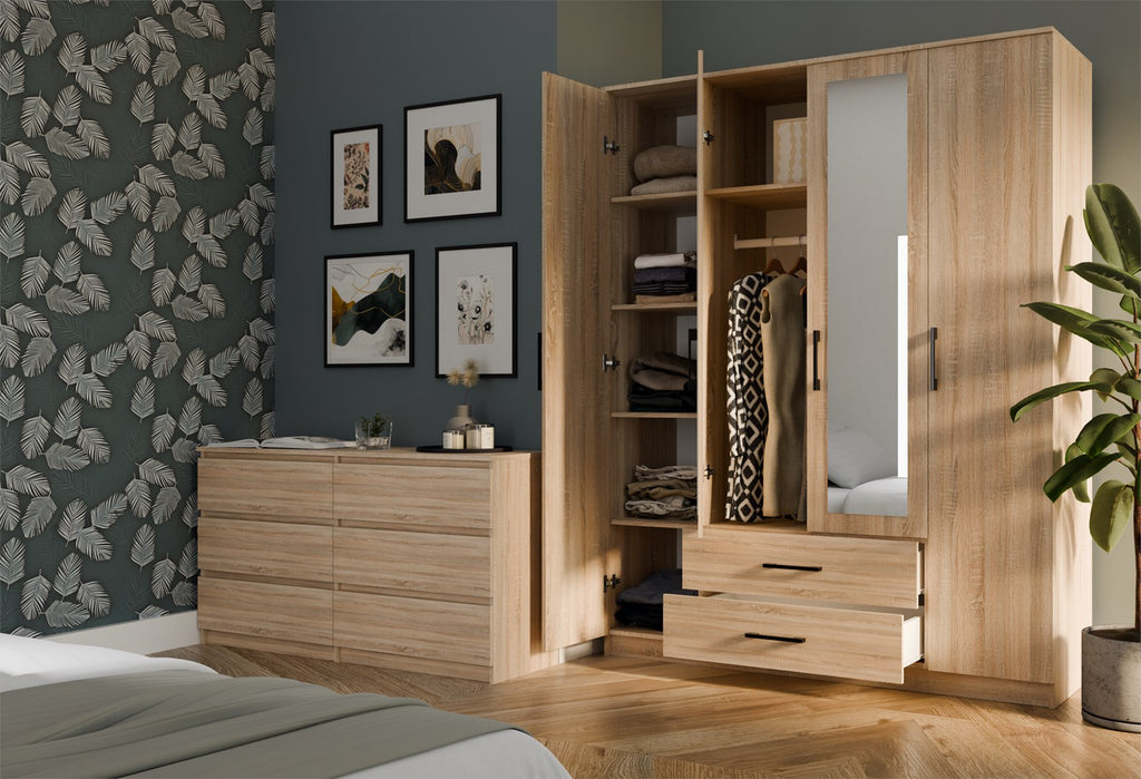 Topeshop ROMANA 160 SON Wardrobe 4 Doors 11 Shelves Oak with Mirror