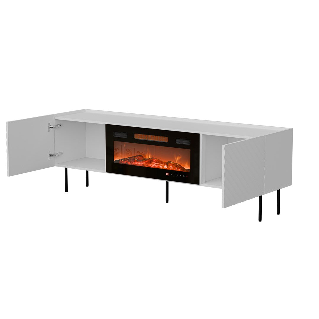 Cama MEBLE TV Cabinet LUCCA 1800 mm with Electric Fireplace, White/Black, Self-Assembly