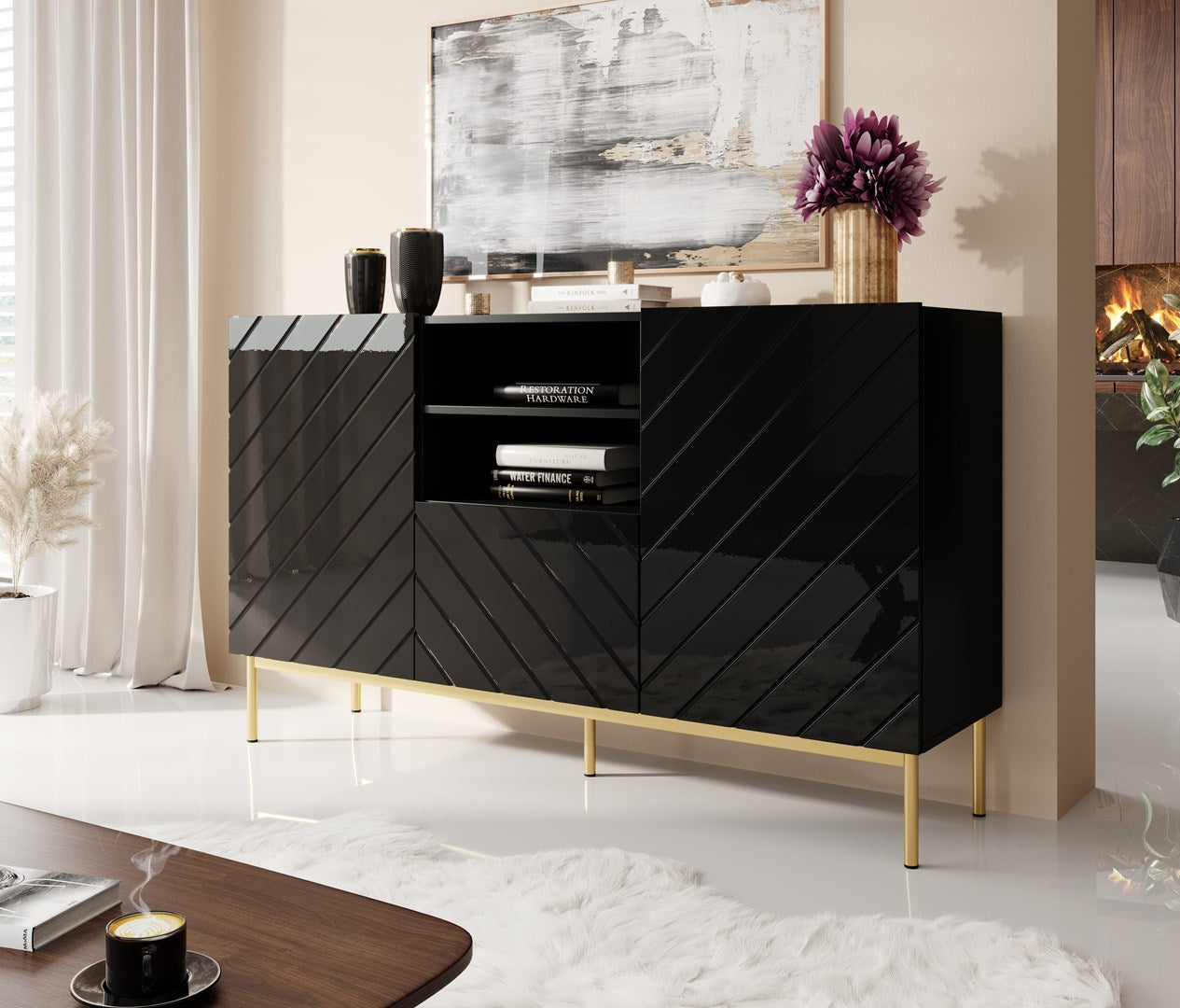 ABETO Chest of Drawers on Golden Steel Frame 150x42x90 Black Gloss