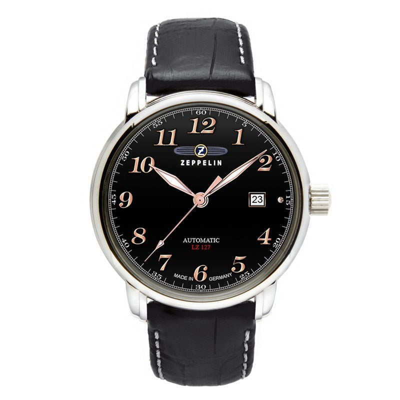 Zeppelin LZ127 Automatic Watch 7656-2 Stainless Steel Leather Black Dial 50 M